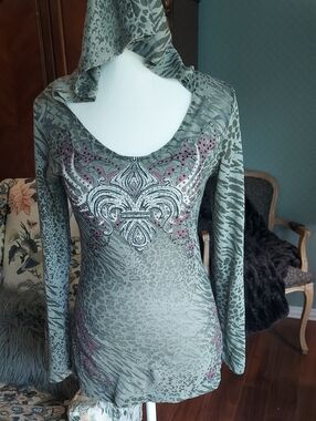 Olive Green Hooded Long-Sleeve Embellished Tunic Dress